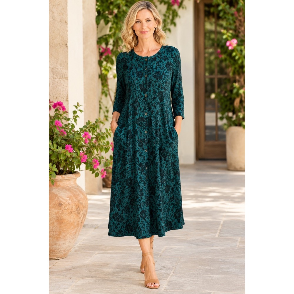 J Jill Green Deco Scroll Shirt Dress Size Large Pleated Button Front Stretch - Picture 1 of 8